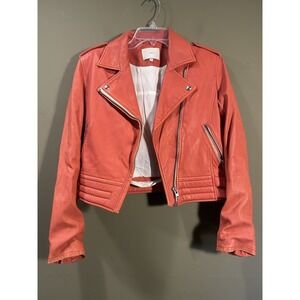 IRO Zefir Lambskin Leather Jacket Womens Sz 42 Coral Moto Crop Distressed